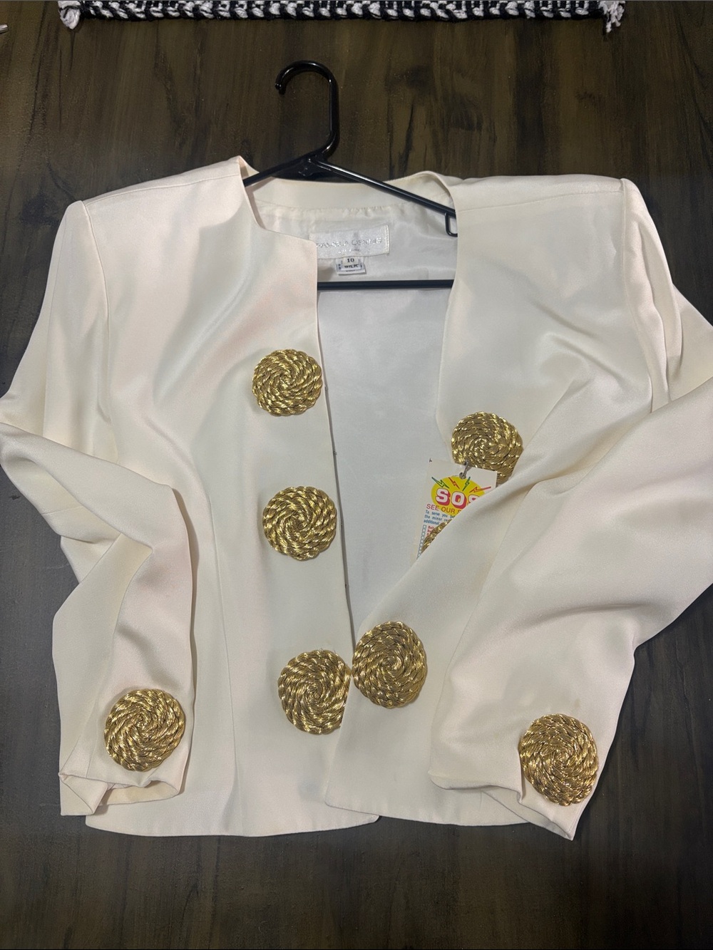 Pamela Dennis Ivory Open-Front Blazer with Gold Rope Buttons